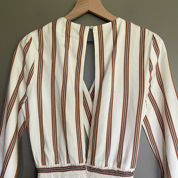 Maje Ieni Romper Size Medium Cream Bronze Striped Peplum One Piece Long Sleeve - Picture 15 of 16